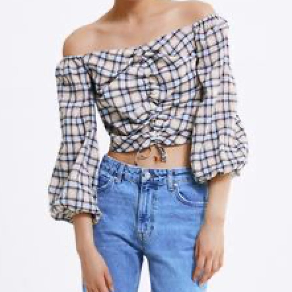 Zara Plaid Long Sleeve Cropped Top